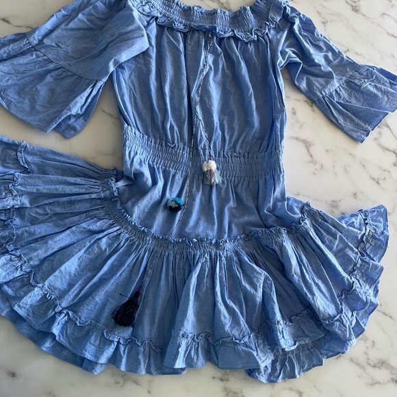 Misa Mini Dress Womens Medium Blue Peasant Ethnic Tassel Ruffled Balloon Sleeve - Picture 2 of 6